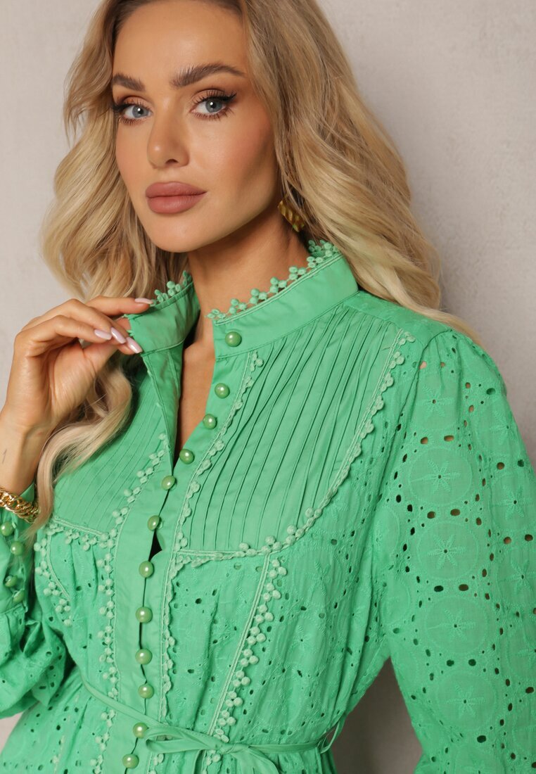 elsa.m by may Rochie Verde Decorată cu broderie și nasturi perlați cu Guler înalt Wialon