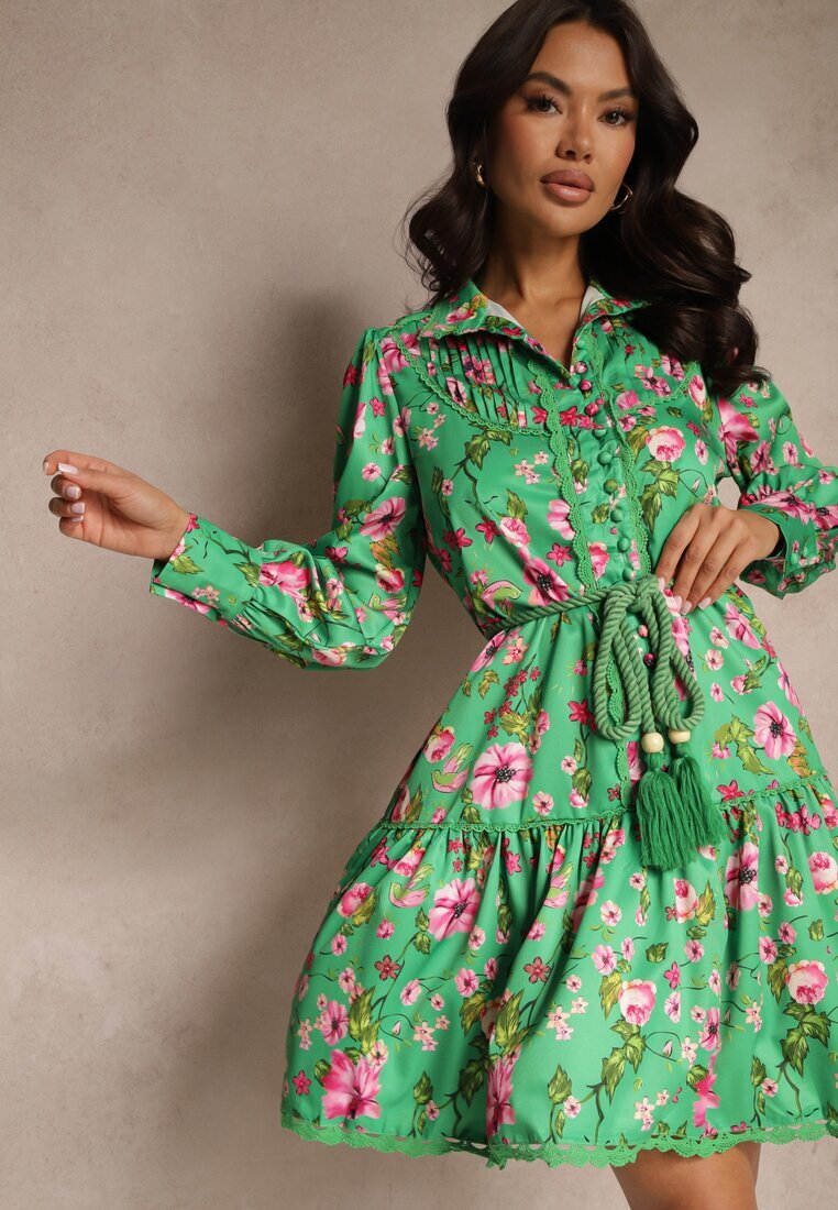 elsa.m by may Rochie Verde Evazată cu Inserții de Dantelă și Șnur Payten