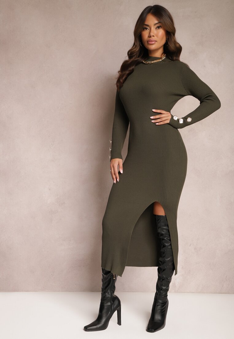 elsa.m by may Rochie Verde închis Maxi Reiată cu croială mulată cu nasturi și decupaj Inelia