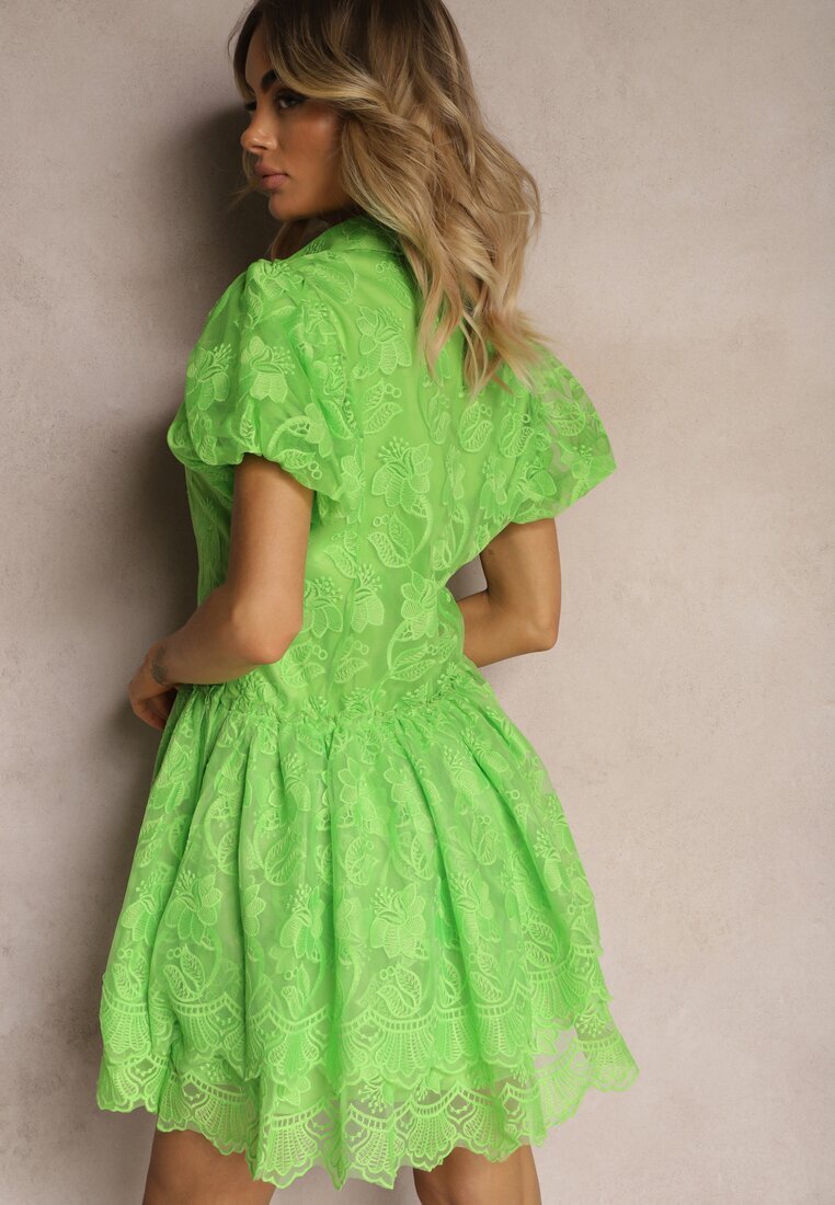 elsa.m by may Rochie Verde Mini cu Mâneci Bufante și Nasturi Decorată cu Dantelă Florală Eia