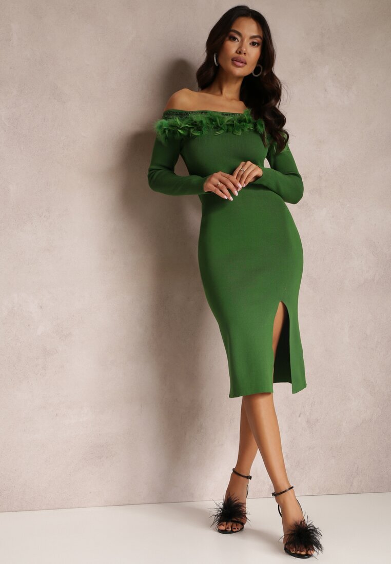 elsa.m by may Rochie Verde Tricotată cu Pene Thanula