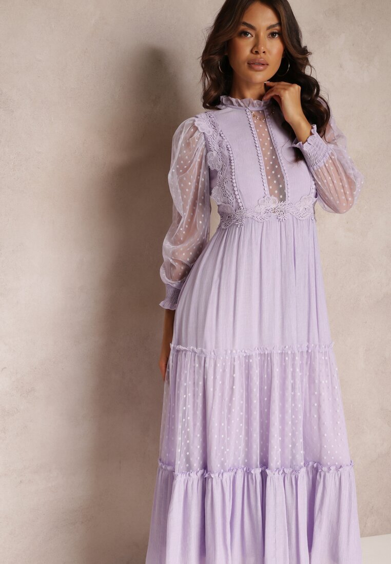 elsa.m by may Rochie Violetă cu Mâneci Bufante Decorată cu Inserții de Tul Laluna