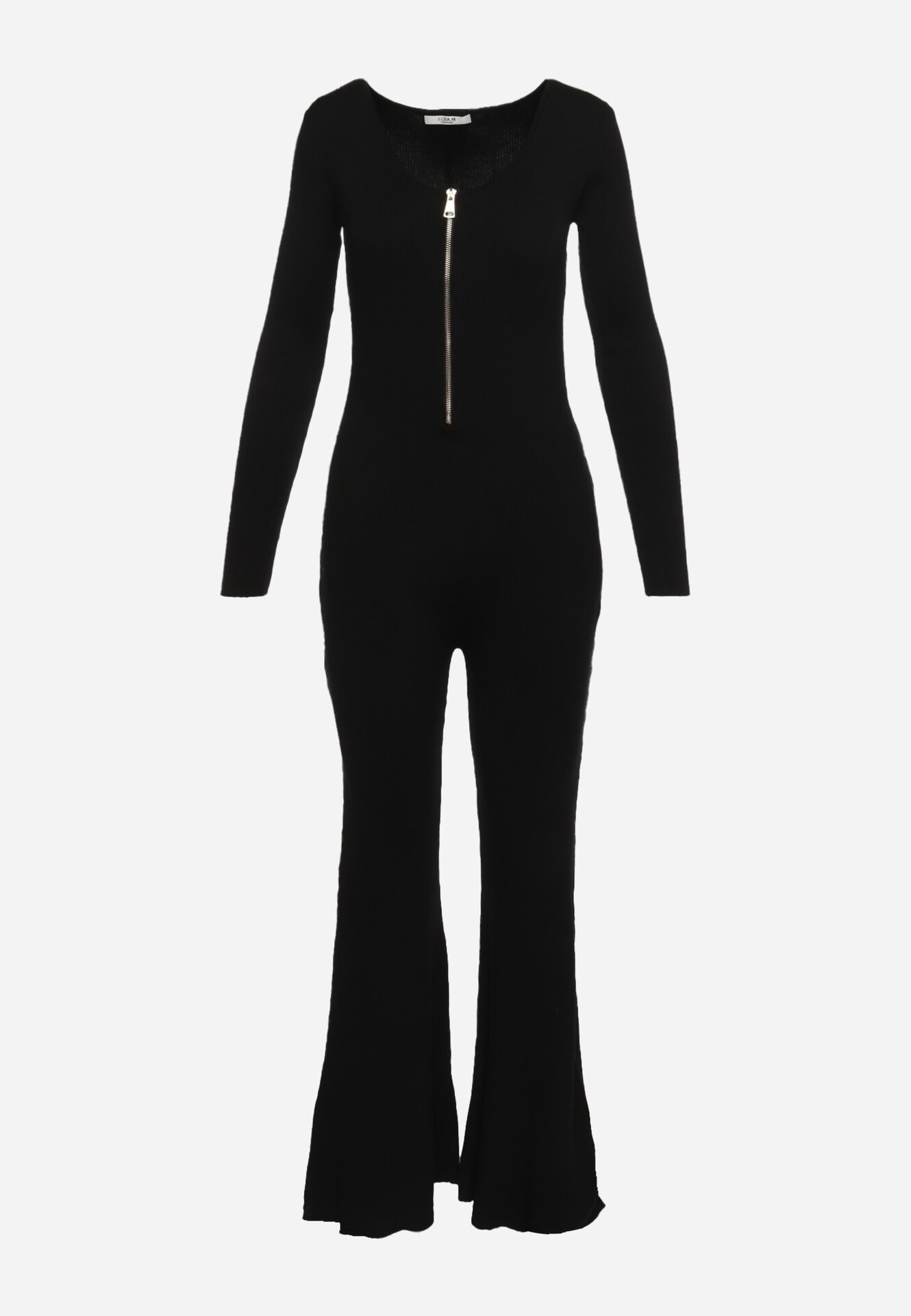 elsa.m by may Salopetă Bodycon Neagră din Viscoză Reiată cu Pantaloni Evazați și Fermoar Lavirna