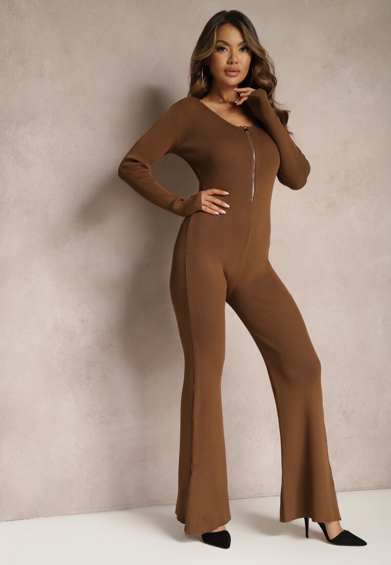 elsa.m by may Salopetă Maro Bodycon din Viscoză Reiată cu Pantaloni Evazați și Fermoar Lavirna