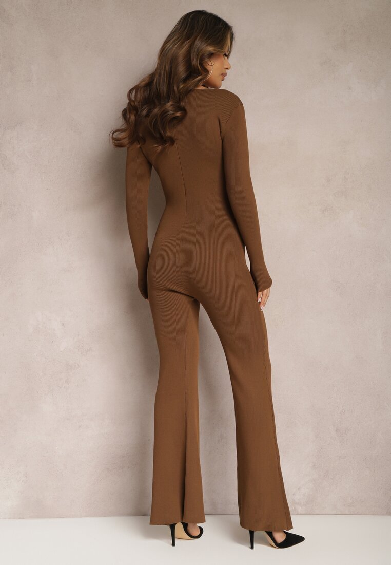 elsa.m by may Salopetă Maro Bodycon din Viscoză Reiată cu Pantaloni Evazați și Fermoar Lavirna