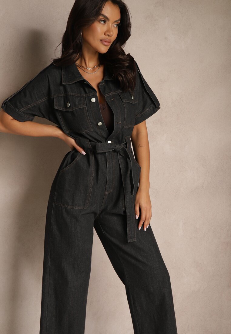 elsa.m by may Salopetă neagră din denim din bumbac cu curea din material în talie și cu picioare largi Yonadea