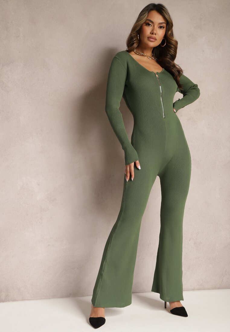 elsa.m by may Salopetă Verde Bodycon din Viscoză Rebrată cu Pantaloni Evazați și Fermoar Lavirna