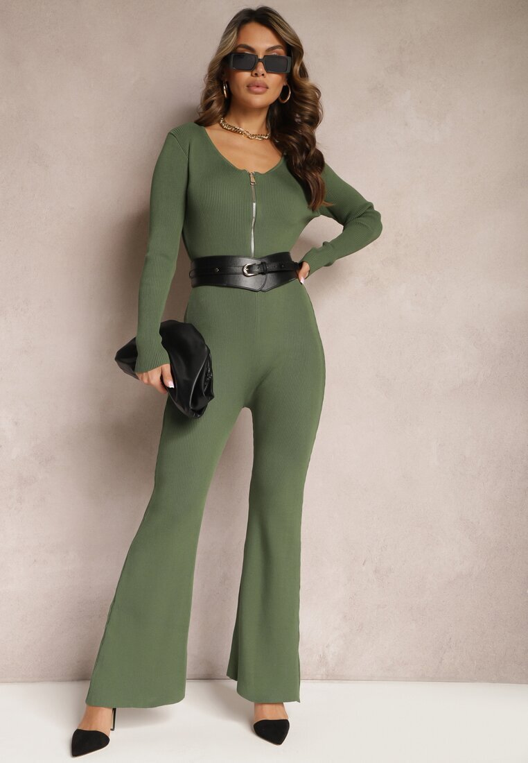elsa.m by may Salopetă Verde Bodycon din Viscoză Rebrată cu Pantaloni Evazați și Fermoar Lavirna