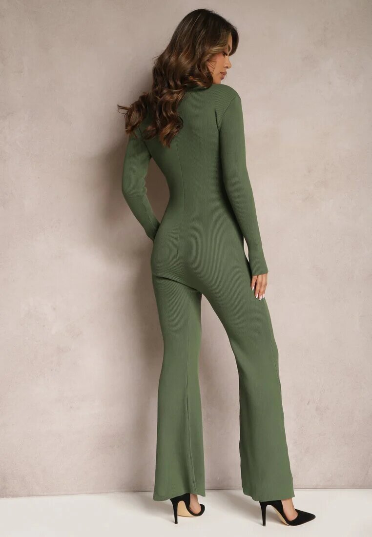 elsa.m by may Salopetă Verde Bodycon din Viscoză Rebrată cu Pantaloni Evazați și Fermoar Lavirna