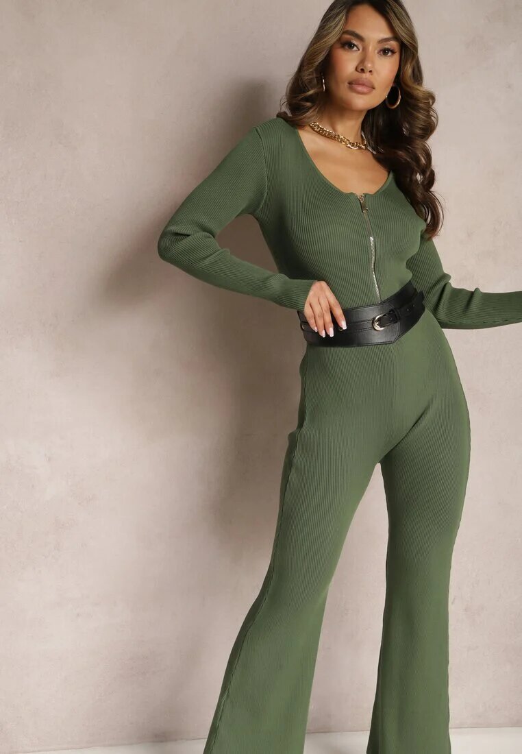 elsa.m by may Salopetă Verde Bodycon din Viscoză Rebrată cu Pantaloni Evazați și Fermoar Lavirna