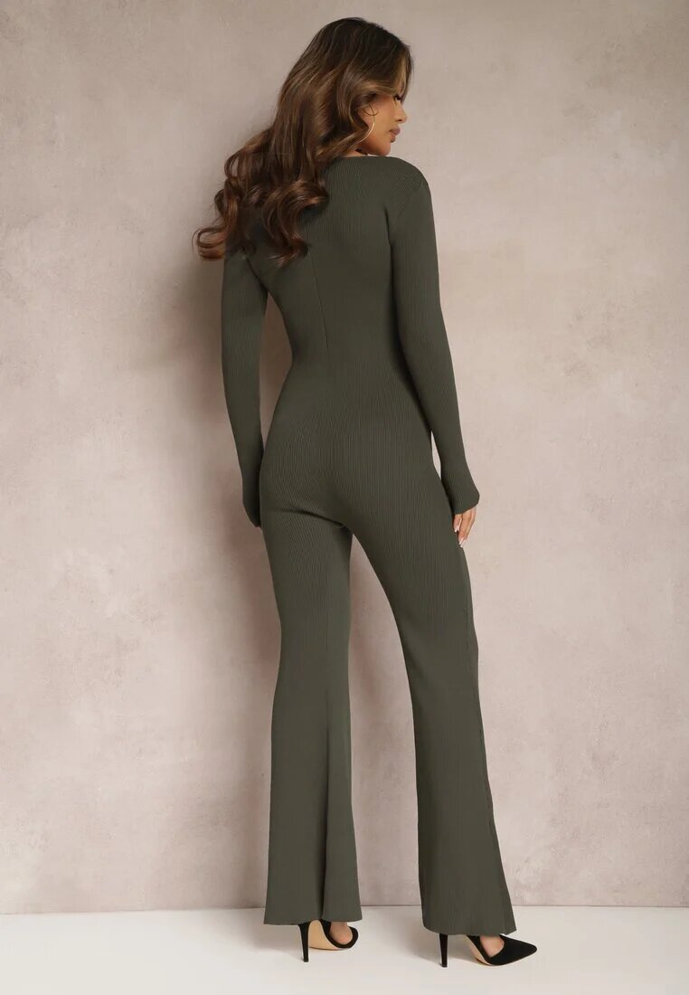 elsa.m by may Salopetă Verde închis Bodycon din Viscoză Reiată cu Pantaloni Clopot și Fermoar Lavirna