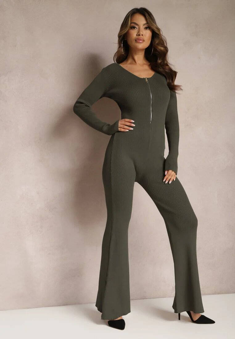 elsa.m by may Salopetă Verde închis Bodycon din Viscoză Reiată cu Pantaloni Clopot și Fermoar Lavirna