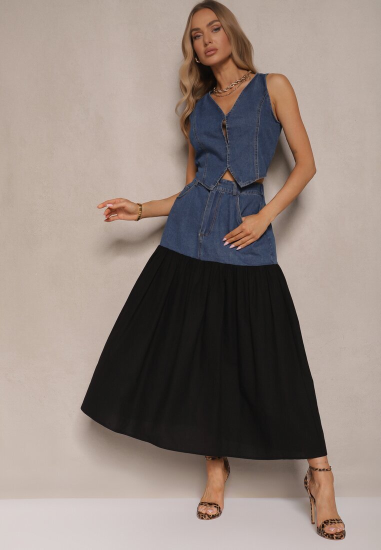 elsa.m by may Set Albastru De Denim din Viscoză Vestă și Fustă Vaporosă Calmoi