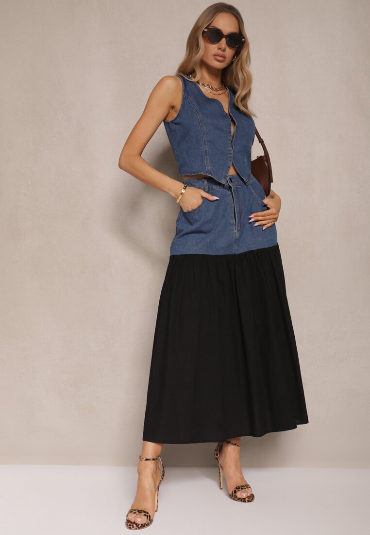 elsa.m by may Set Albastru De Denim din Viscoză Vestă și Fustă Vaporosă Calmoi