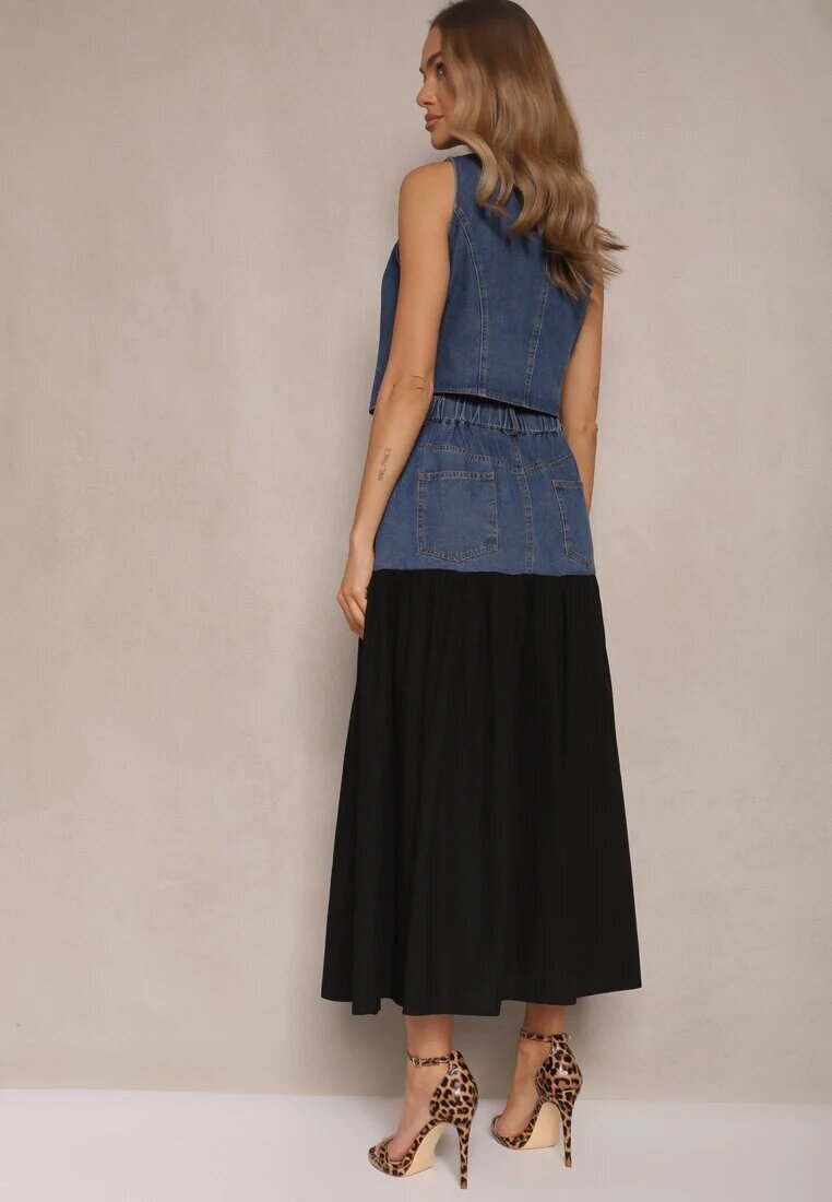 elsa.m by may Set Albastru De Denim din Viscoză Vestă și Fustă Vaporosă Calmoi