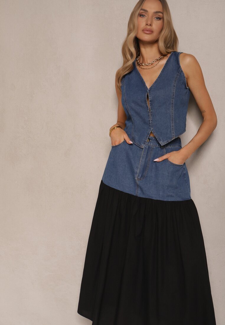 elsa.m by may Set Albastru De Denim din Viscoză Vestă și Fustă Vaporosă Calmoi
