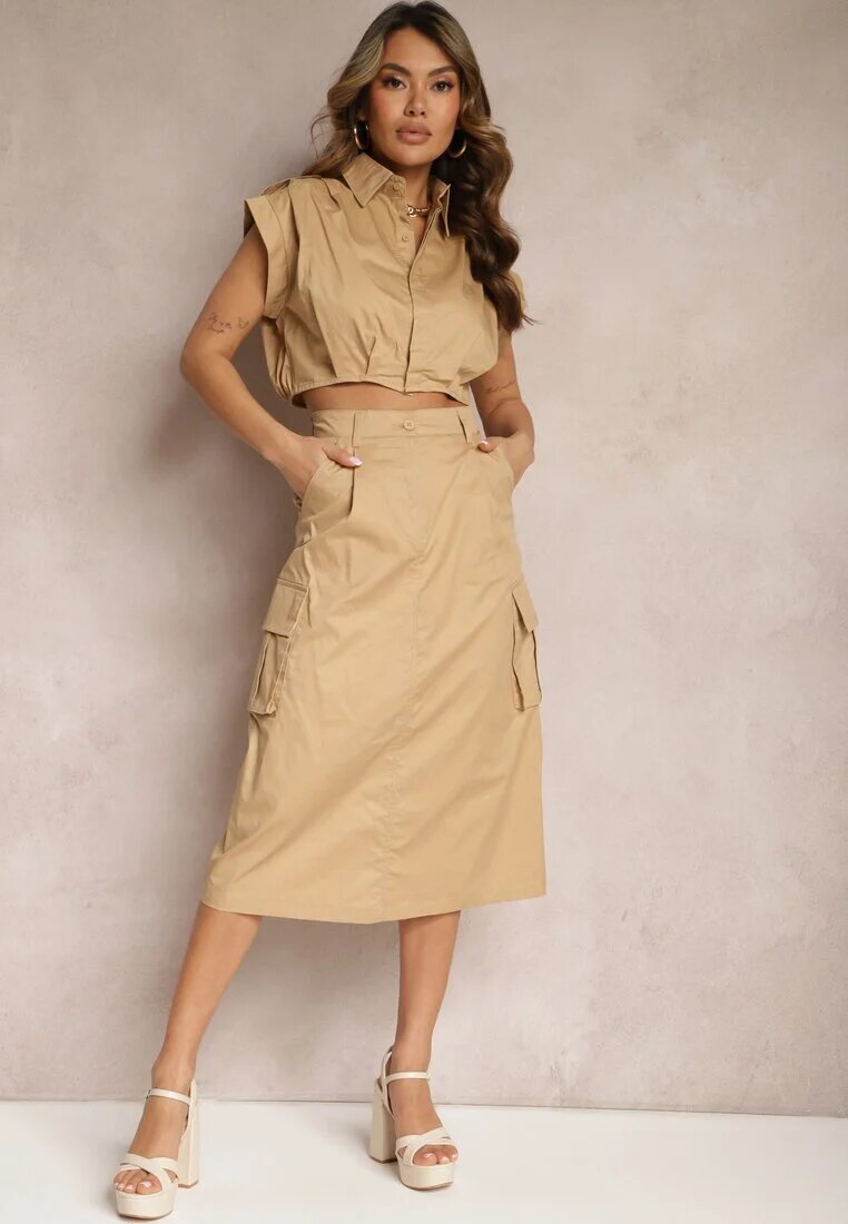 elsa.m by may Set Bej Stil Utility Cămașă Cropped Fără Mâneci și Fustă cu Buzunare Notcha