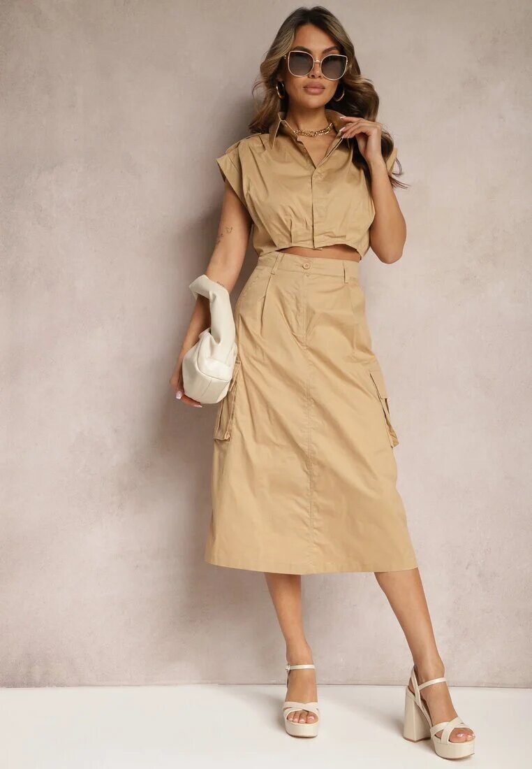 elsa.m by may Set Bej Stil Utility Cămașă Cropped Fără Mâneci și Fustă cu Buzunare Notcha