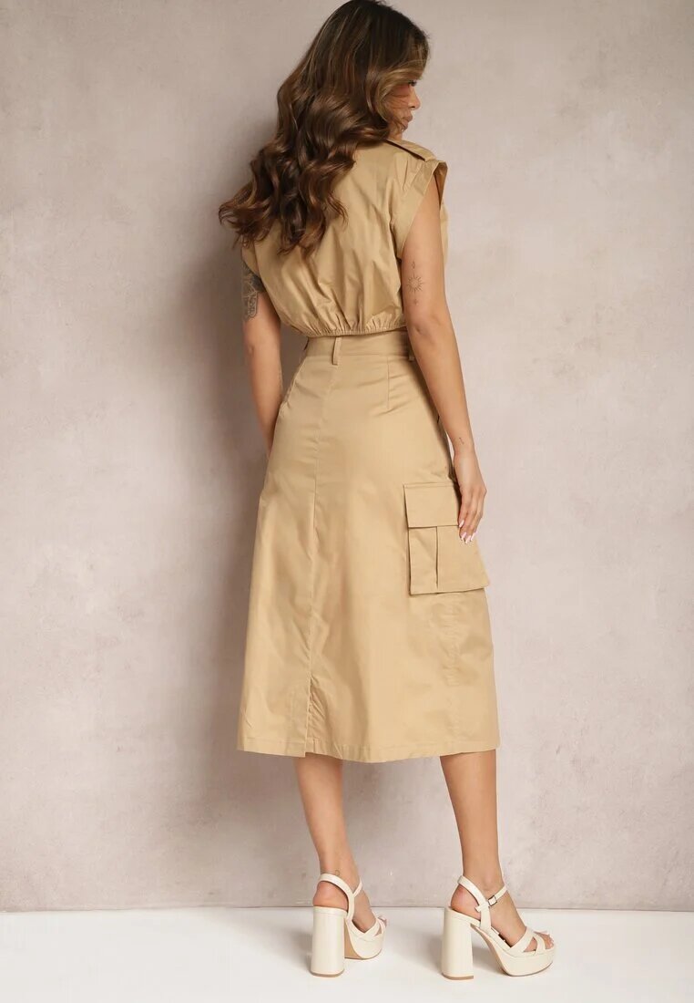 elsa.m by may Set Bej Stil Utility Cămașă Cropped Fără Mâneci și Fustă cu Buzunare Notcha