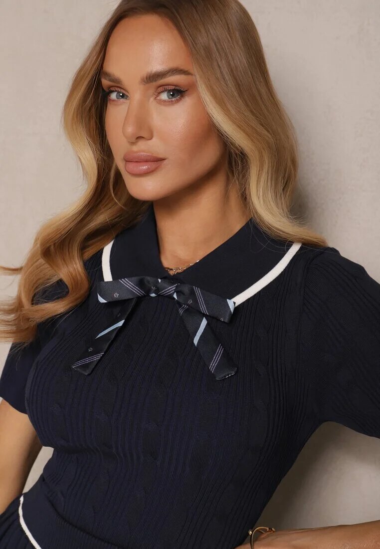 elsa.m by may Set bleumarin în stil uniformă Pulover polo cu mânecă scurtă Fundiță și Fustă Lariona