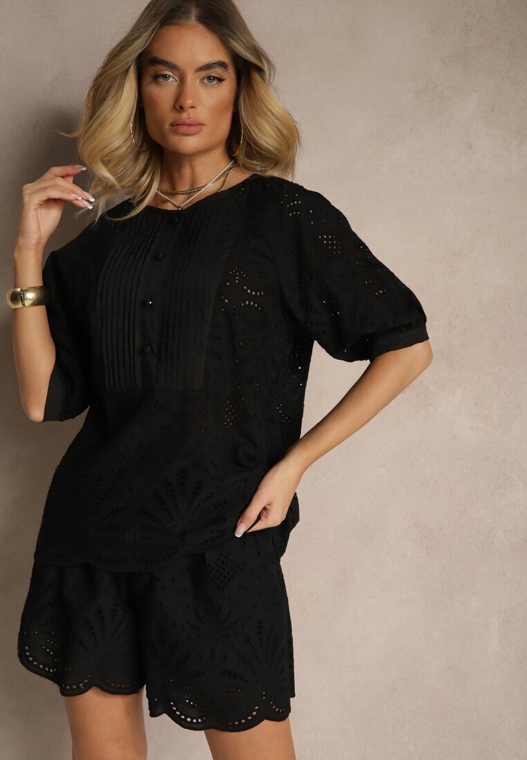 elsa.m by may Set Dantelat Negru cu Pantaloni scurți și Bluză din Viscoză și Bumbac Haloniela