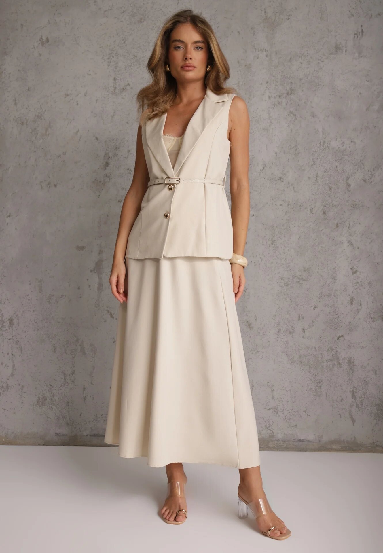 elsa.m by may Set elegant de costum Vestă cu curea și fustă trapez Sopha Bej deschis