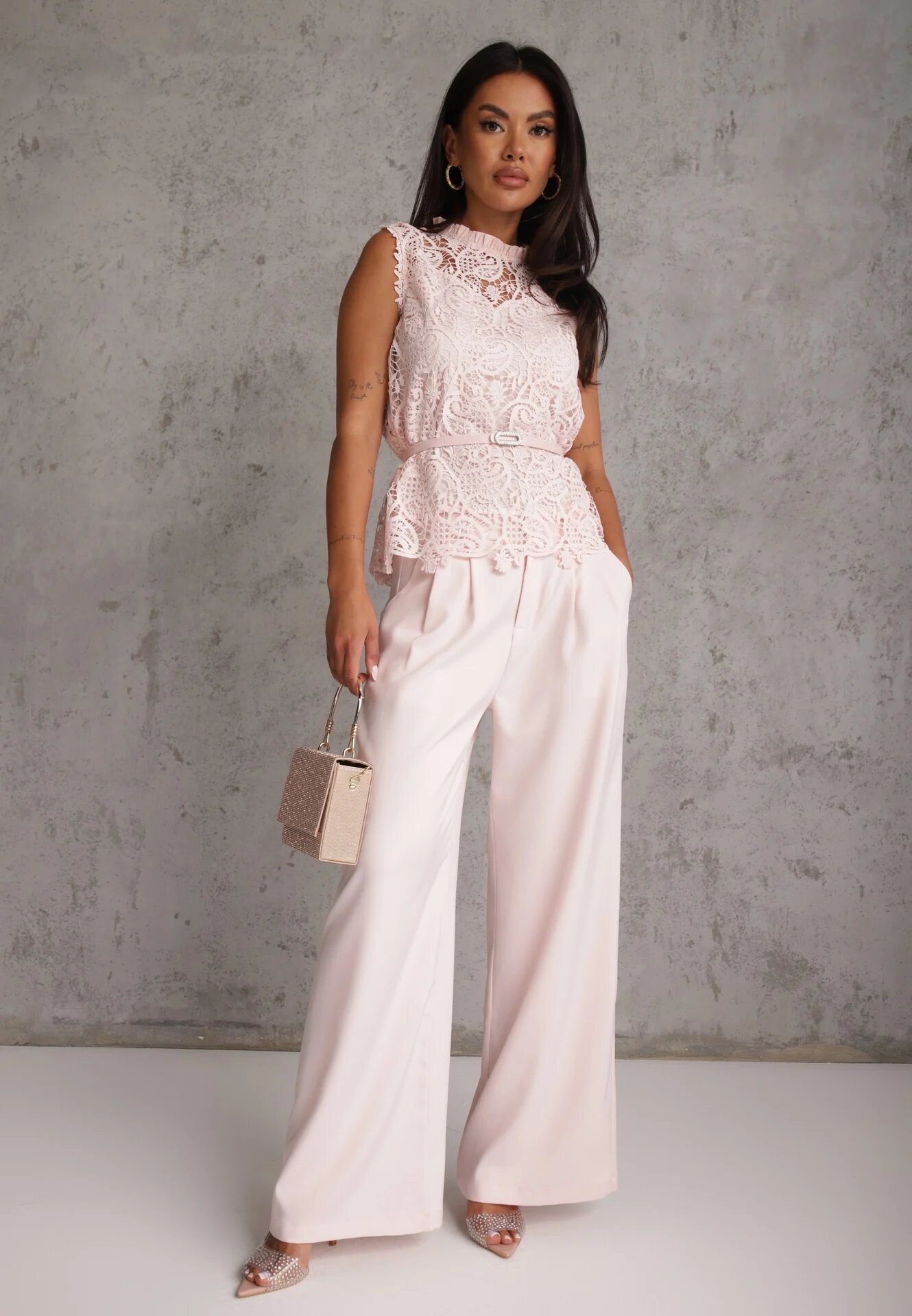 elsa.m by may Set elegant de vară din viscoză bluză din dantelă și pantaloni Amatice Roz