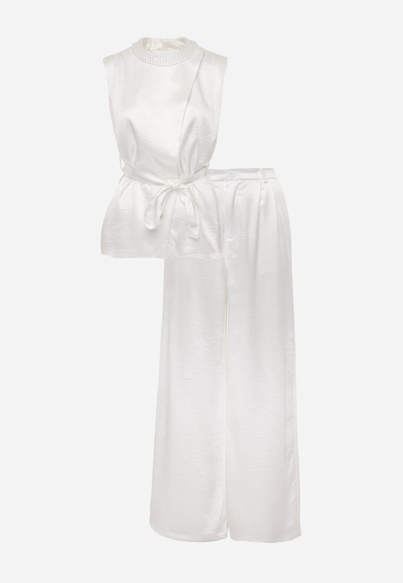 elsa.m by may Set elegant din material satinat bluză în stil kimono și pantaloni largi Adraxera Alb