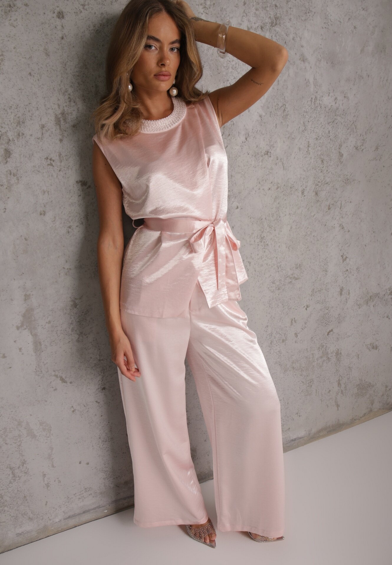 elsa.m by may Set elegant din material satinat bluză în stil kimono și pantaloni largi Adraxera Roz