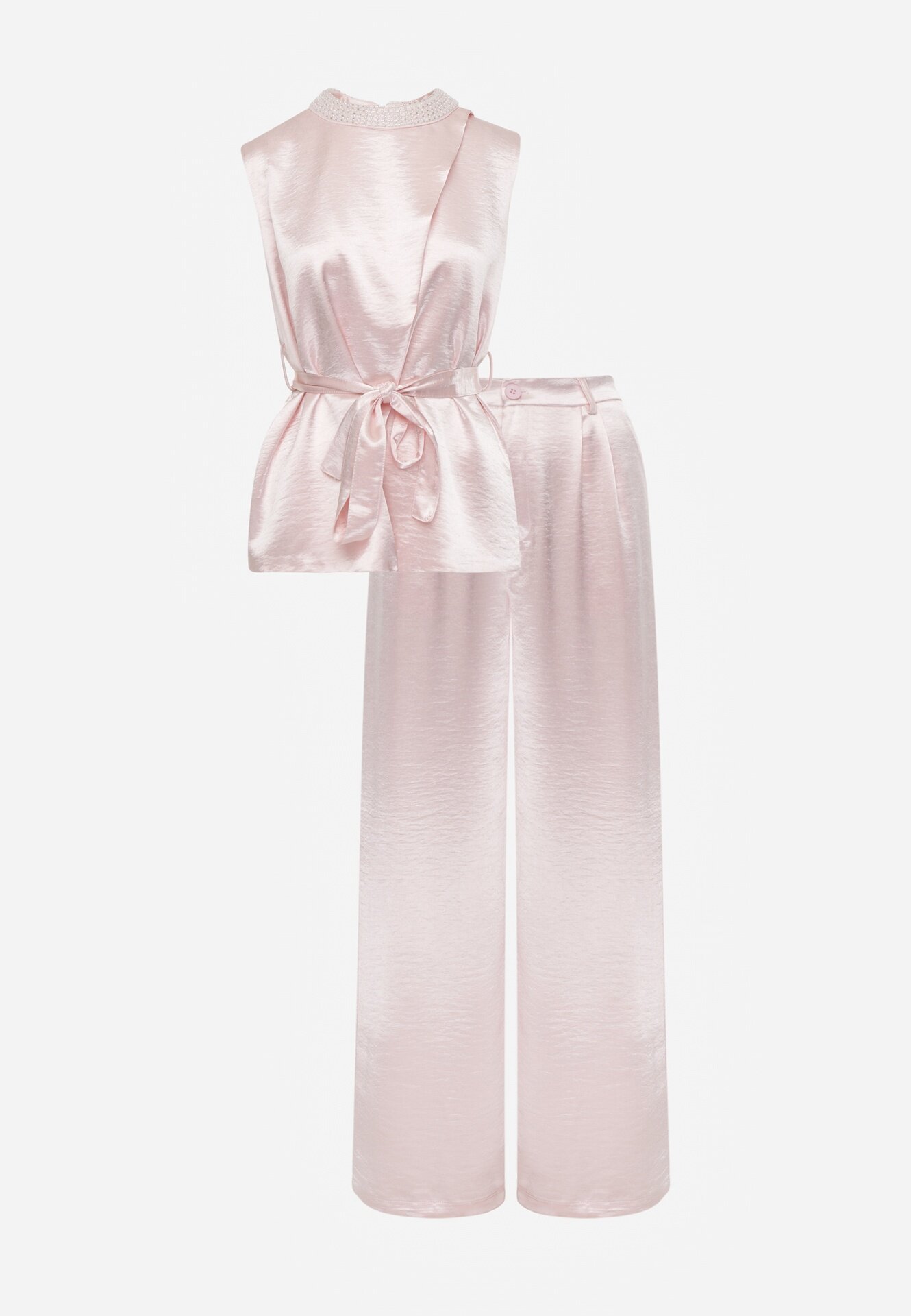 elsa.m by may Set elegant din material satinat bluză în stil kimono și pantaloni largi Adraxera Roz