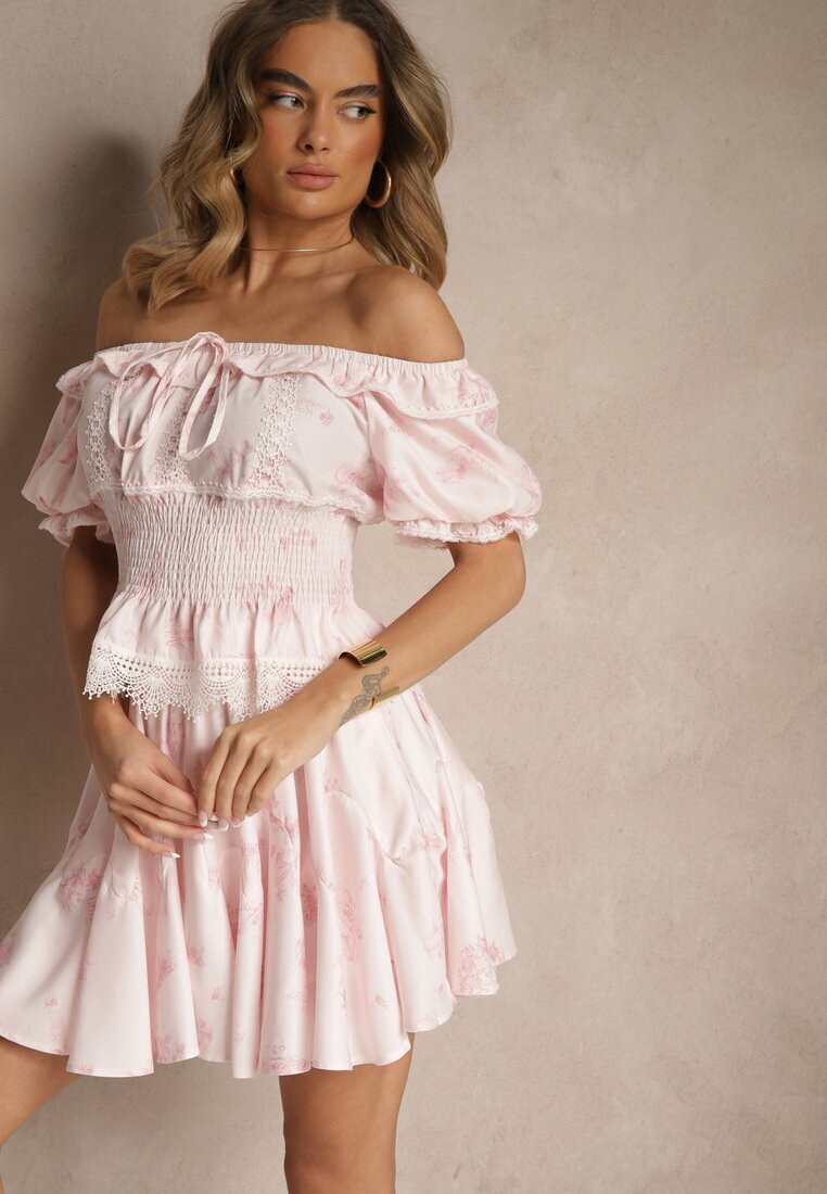 elsa.m by may Set roz din vâscoză fustă și top cu mâneci bufante decorat cu dantelă Mironira