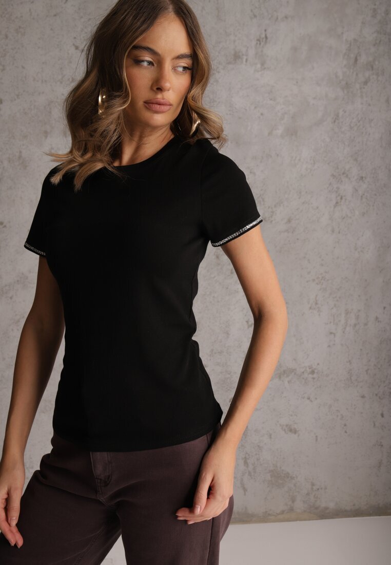 elsa.m by may T-shirt Negru din Bumbac Decorat cu Zirconii Kallochis