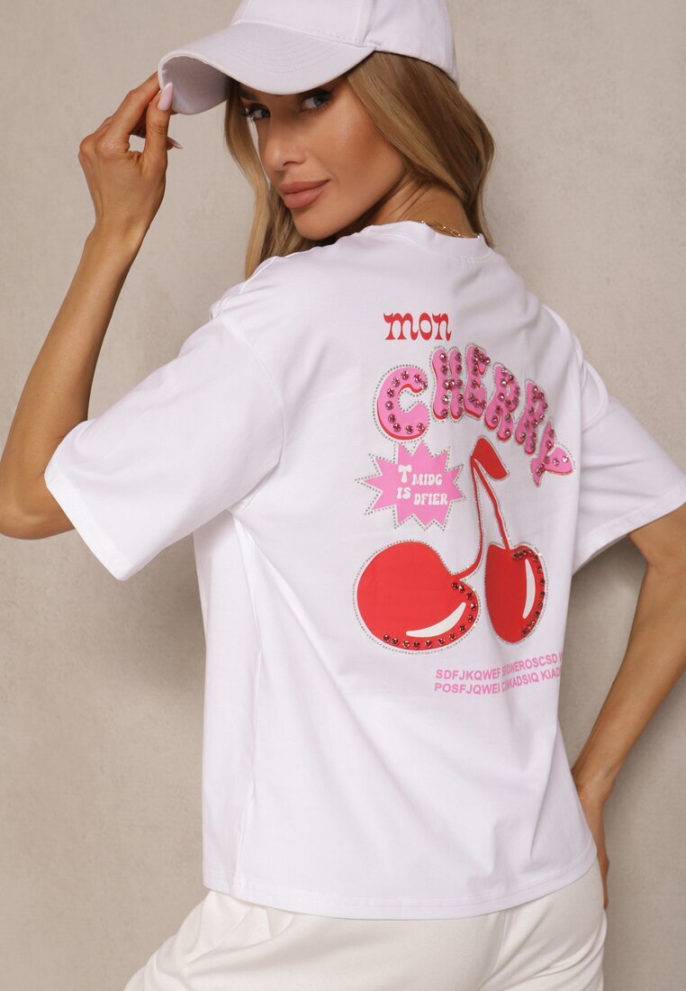 elsa.m by may Tricou Alb din Bumbac cu Model Cireșe și Zirconii Linavella