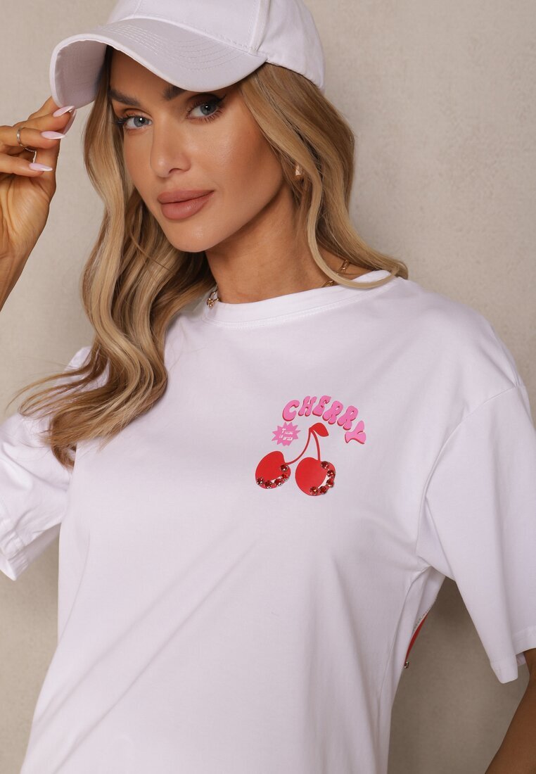 elsa.m by may Tricou Alb din Bumbac cu Model Cireșe și Zirconii Linavella