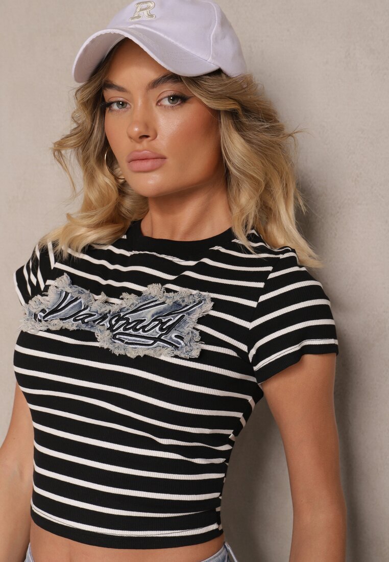 elsa.m by may Tricou Negru-Alb de Bumbac cu Dungi Decorat cu Text pe Aplicație din Denim Eviola