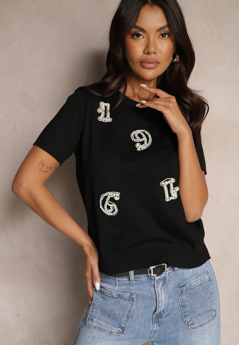 elsa.m by may Tricou Negru cu Zirconii Perle și Aplicații Silvivia