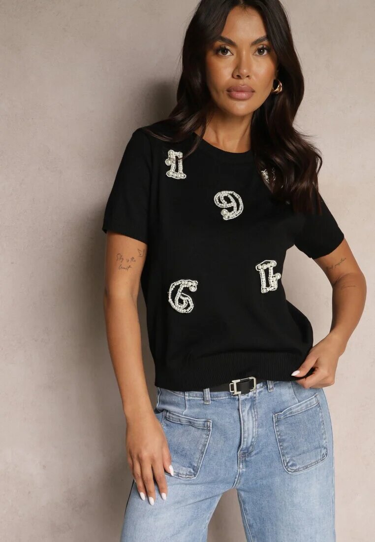 elsa.m by may Tricou Negru cu Zirconii Perle și Aplicații Silvivia