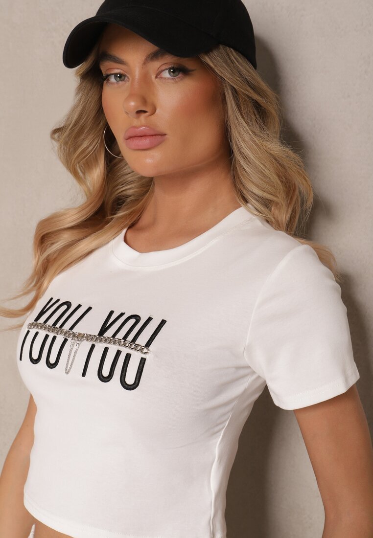 emt Tricou Alb din Bumbac Decorat cu Lanț și cu Inscripție Olithel