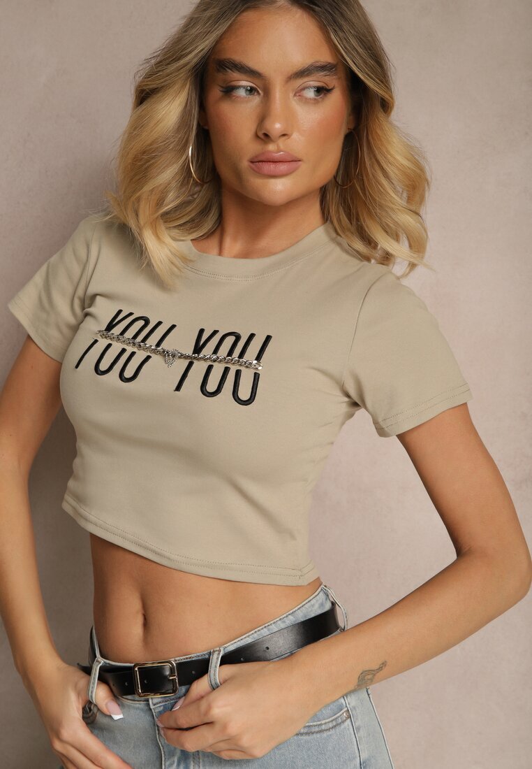 emt Tricou Bej închis din bumbac decorat cu lanț și inscripția Olithel