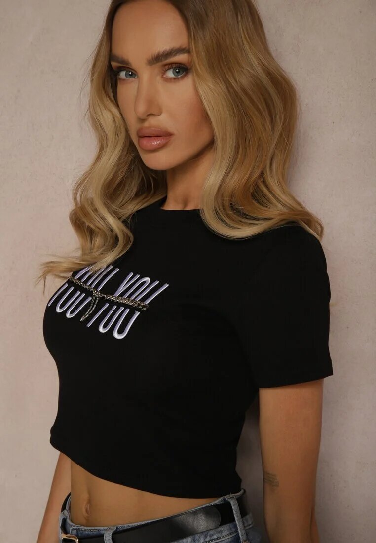 emt Tricou Negru din Bumbac Decorat cu Lanț și cu Inscripție Olithel