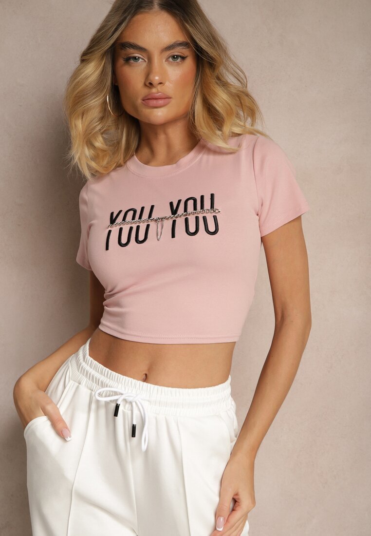 emt Tricou roz din bumbac decorat cu lanț și inscripție Olithel