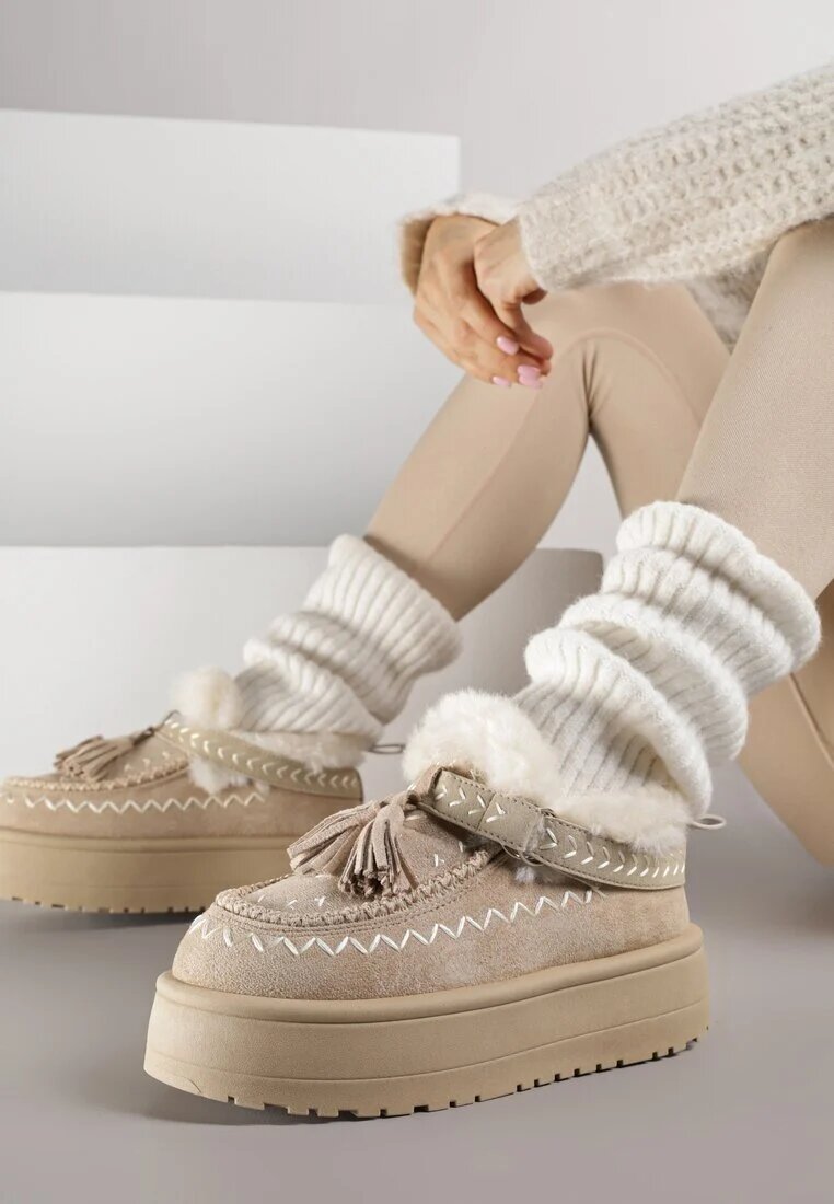 fashion belle Ghete de zăpadă bej pe platformă decorate cu broderie și franjuri Linomis