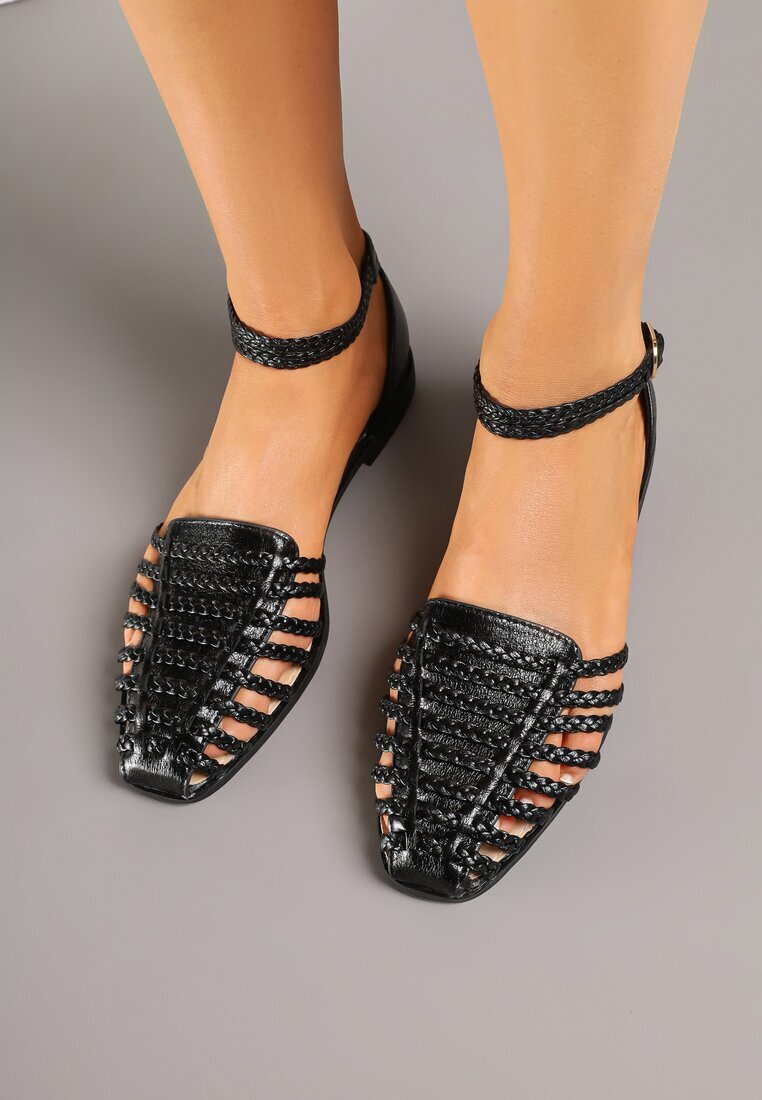 fashion belle Sandale Negre Decorate cu Împletitură Pellore