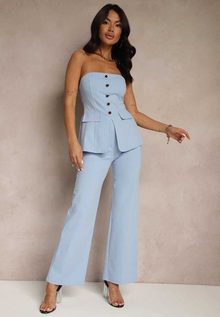 fashion Compleu Albastru Top Bandeau Decorat cu Nasturi și Pantaloni cu Croială Largă Palarienna