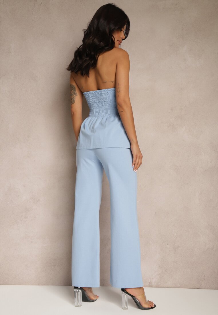 fashion Compleu Albastru Top Bandeau Decorat cu Nasturi și Pantaloni cu Croială Largă Palarienna