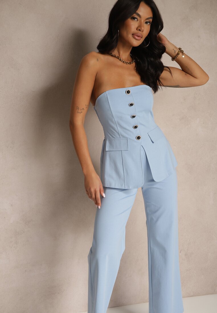 fashion Compleu Albastru Top Bandeau Decorat cu Nasturi și Pantaloni cu Croială Largă Palarienna