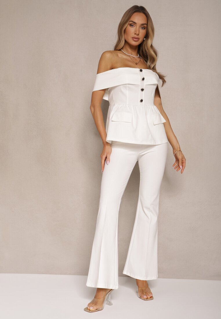 fashion Compleu de costum Alb Bluză tip spaniolă și Pantaloni evazați Silkio