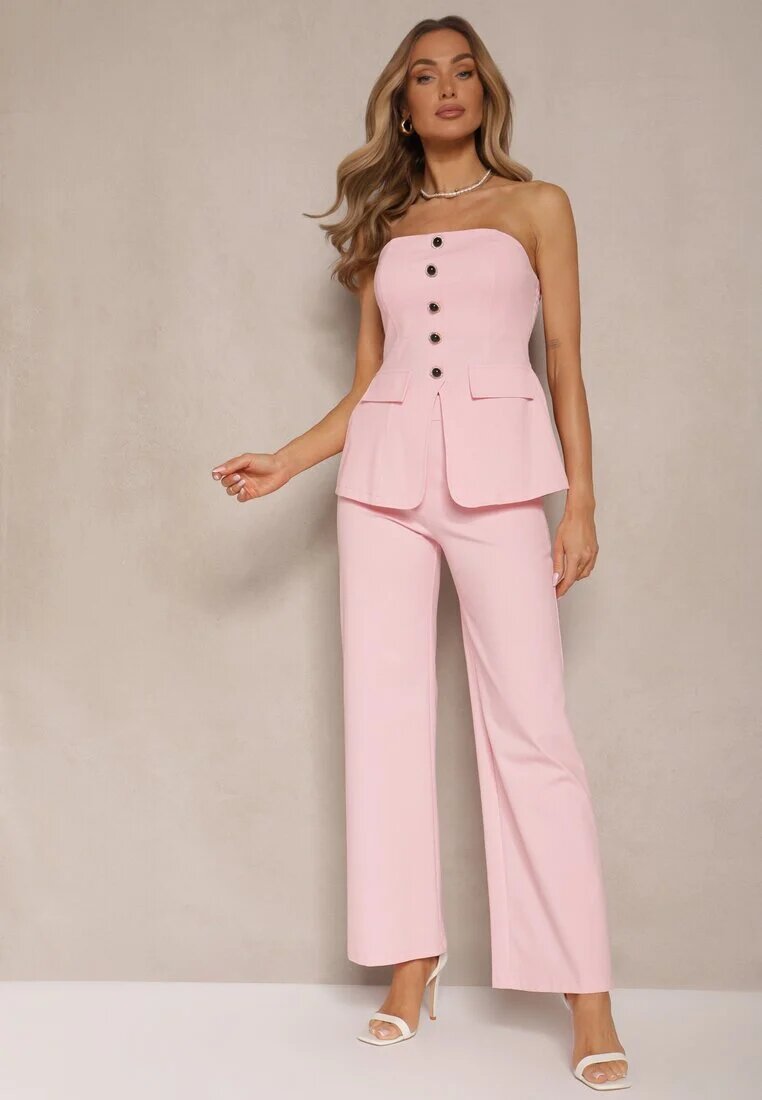 fashion Compleu Roz Top Bandeau Decorat cu Nasturi și Pantaloni Largi Palarienna