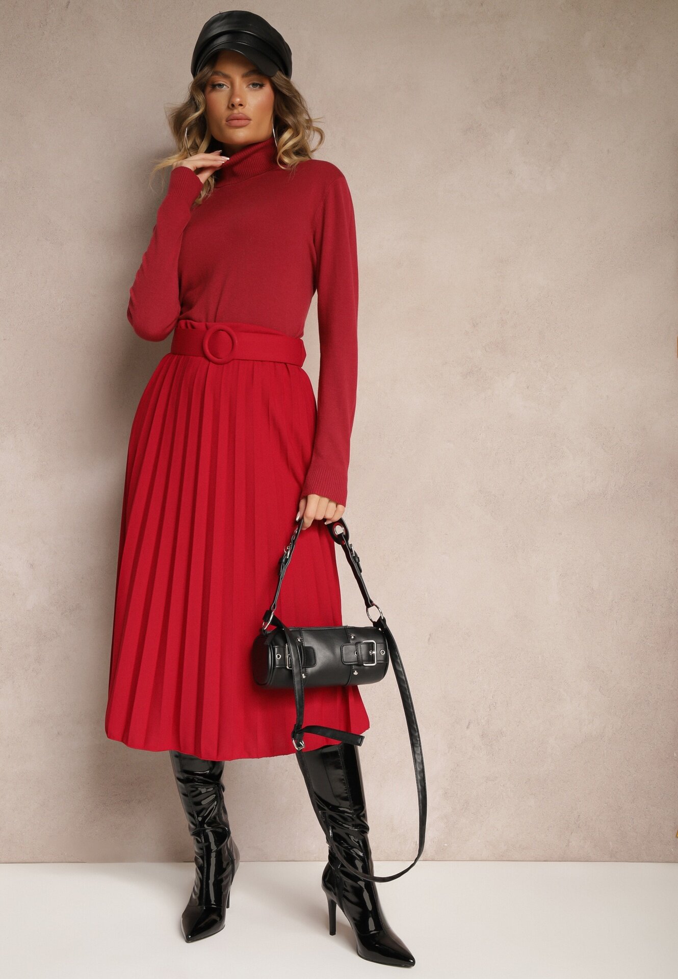 fashion Fustă Roșie Plisată cu Curea Decorativă Sanitha
