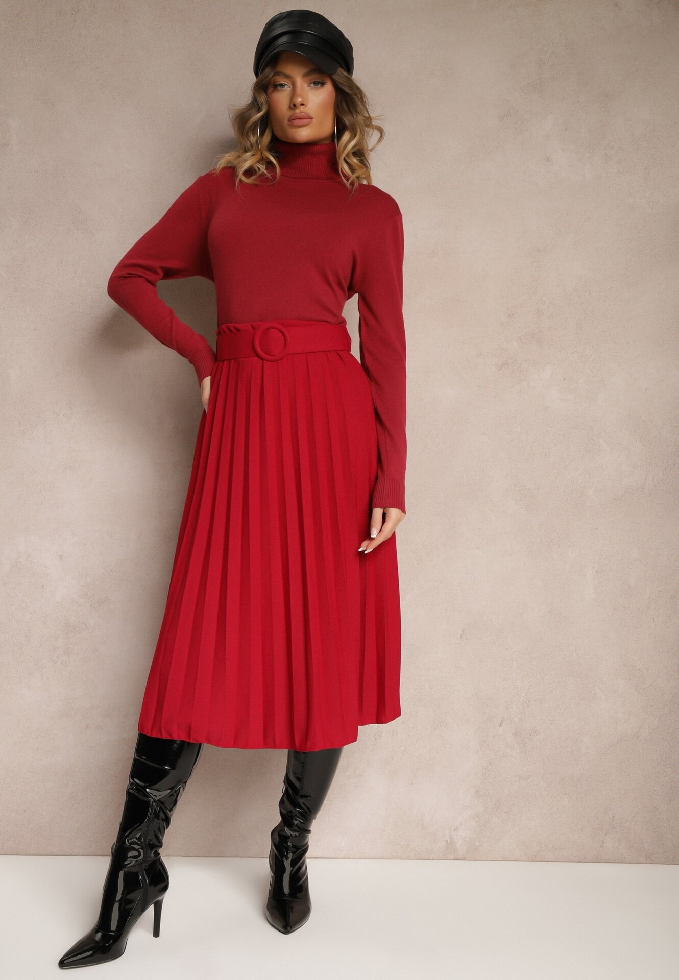 fashion Fustă Roșie Plisată cu Curea Decorativă Sanitha